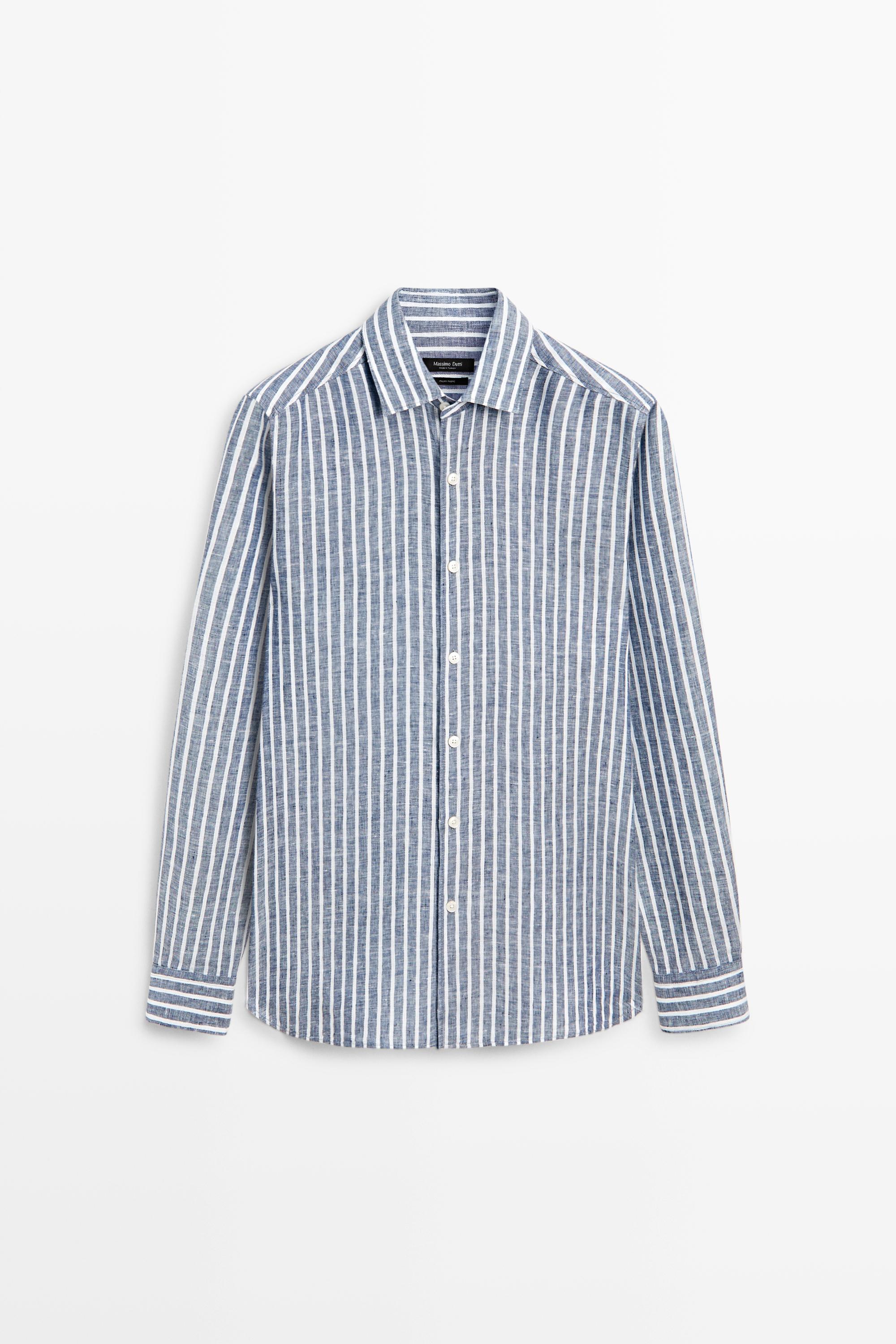 Льняная рубашка классического кроя в полоску — Massimo Dutti