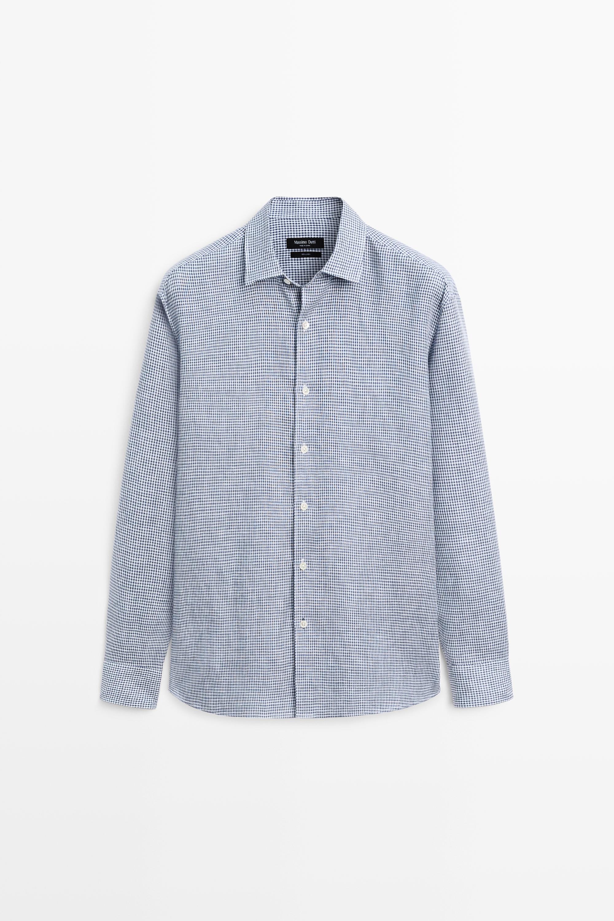 Льняная рубашка классического кроя в клетку виши — Massimo Dutti