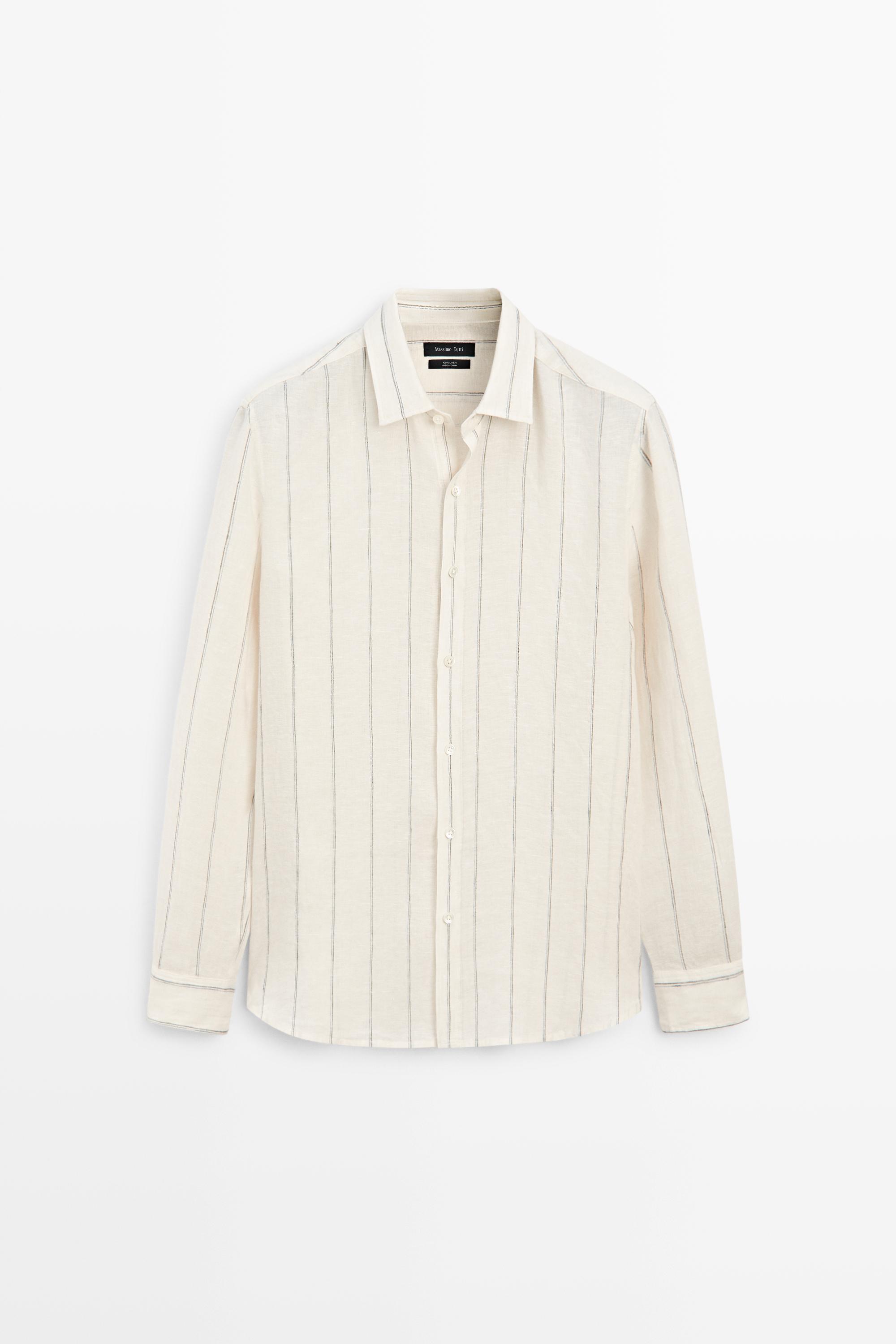 Льняная рубашка классического кроя в полоску — Massimo Dutti