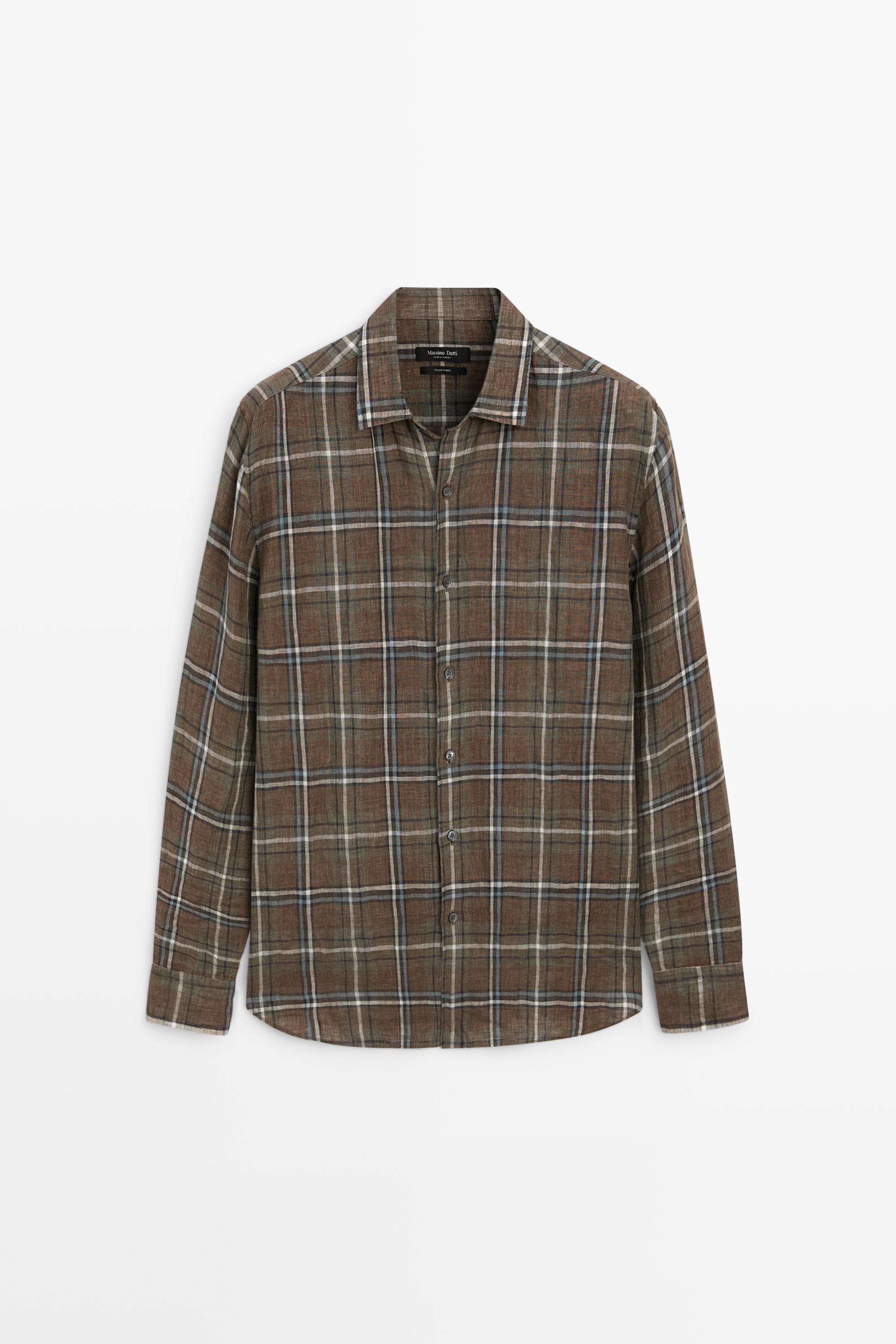 Льняная рубашка классического кроя в клетку — Massimo Dutti