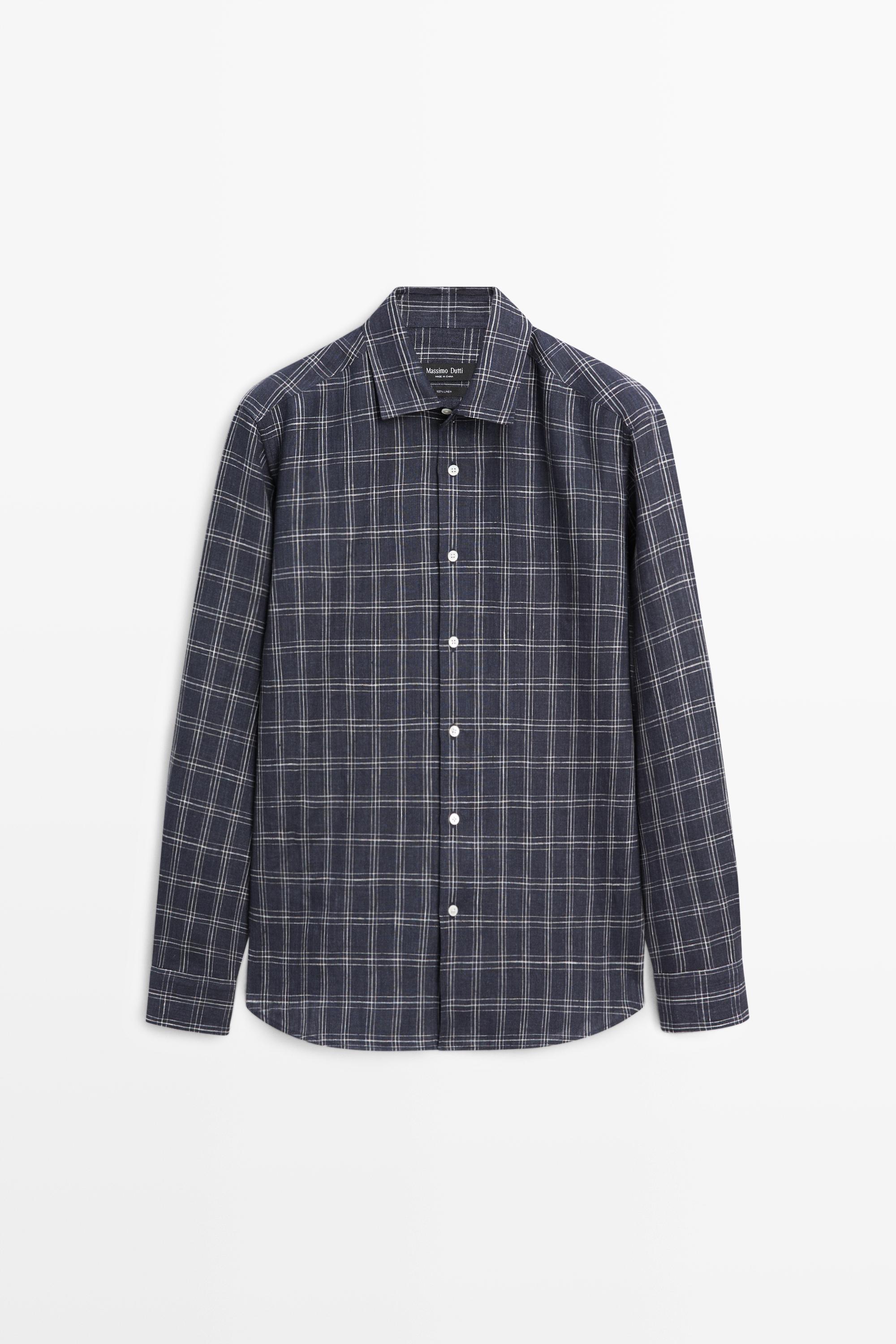Льняная рубашка классического кроя в клетку — Massimo Dutti