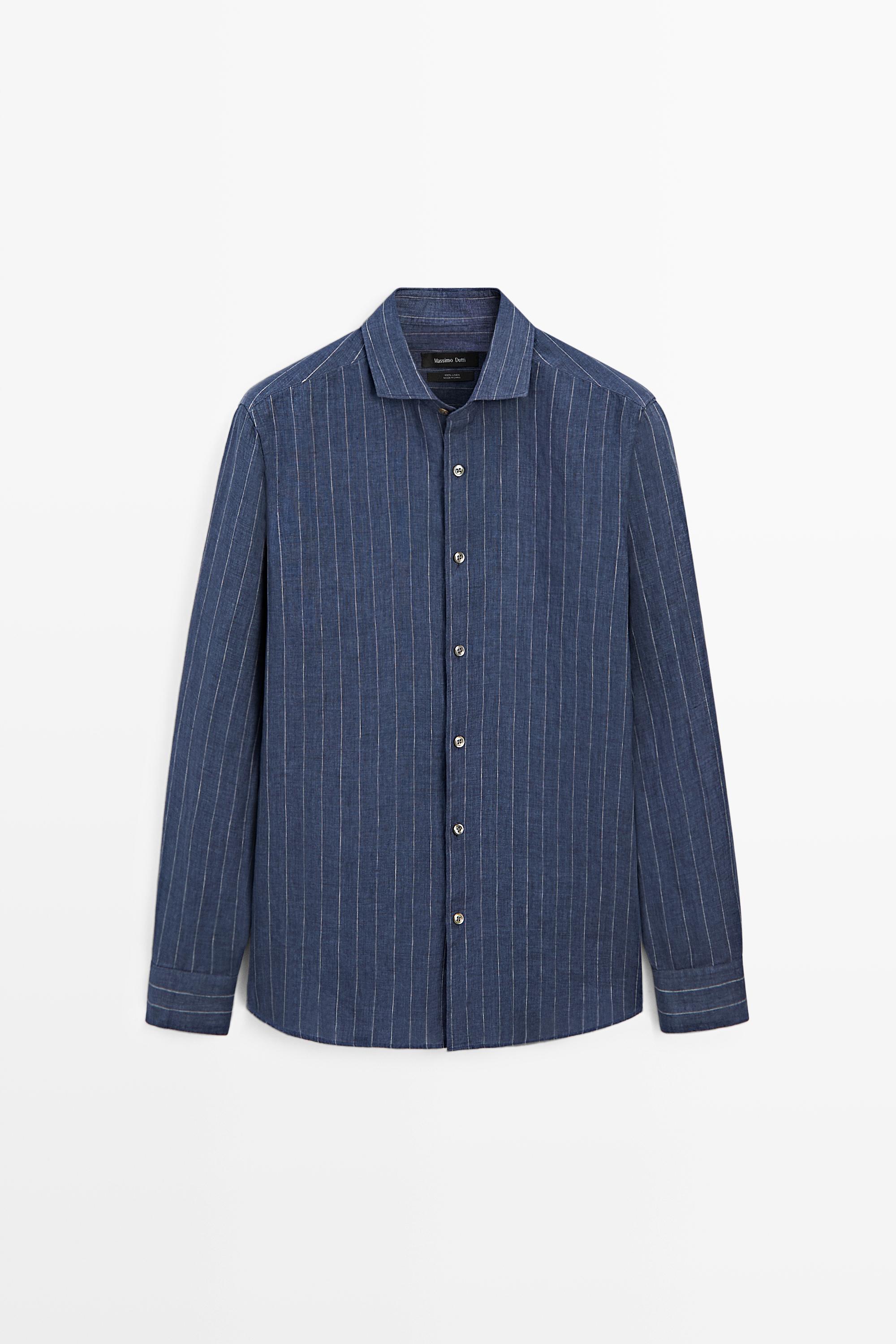 Льняная рубашка классического кроя в полоску — Massimo Dutti