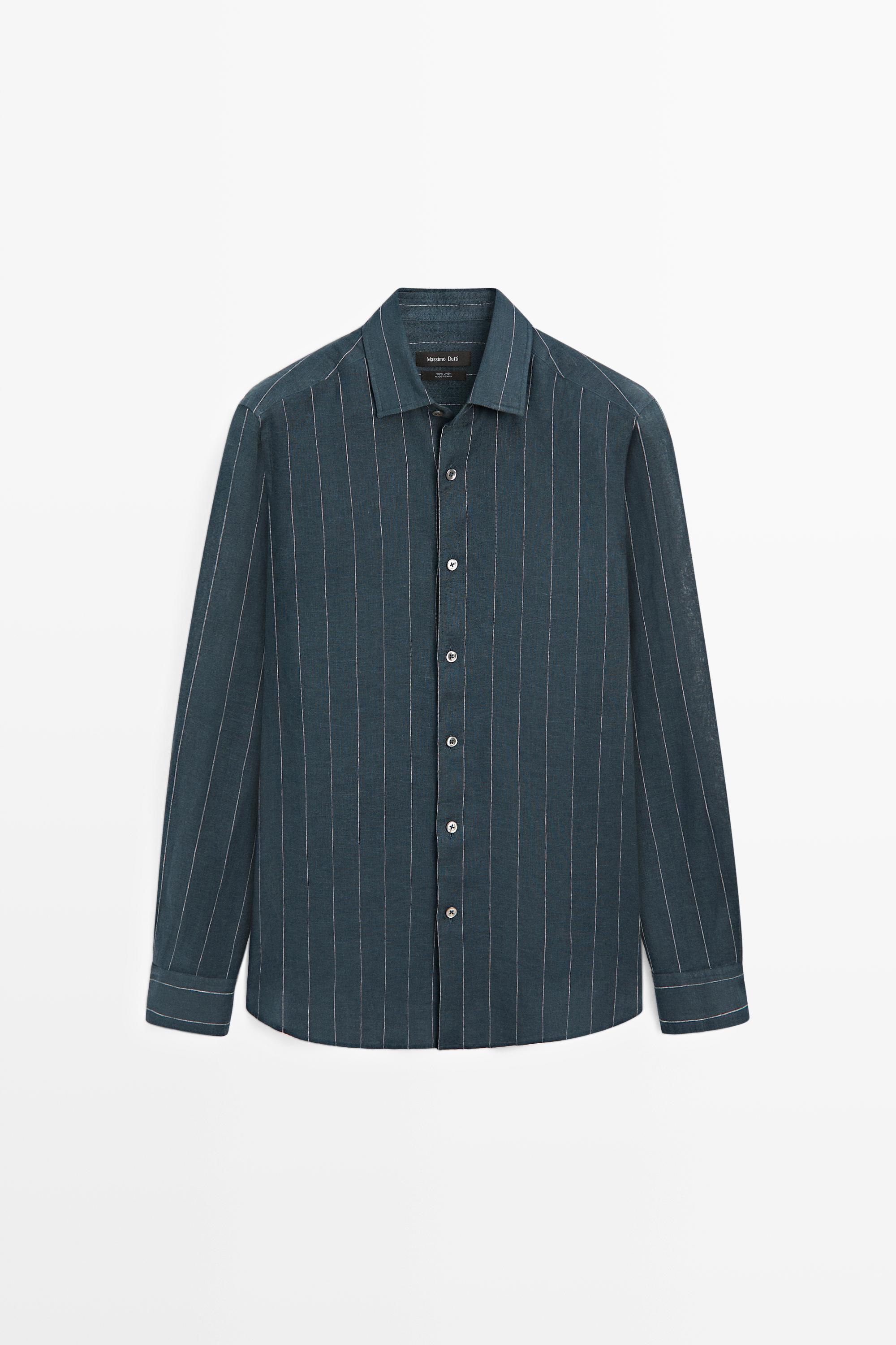 Льняная рубашка классического кроя в полоску — Massimo Dutti