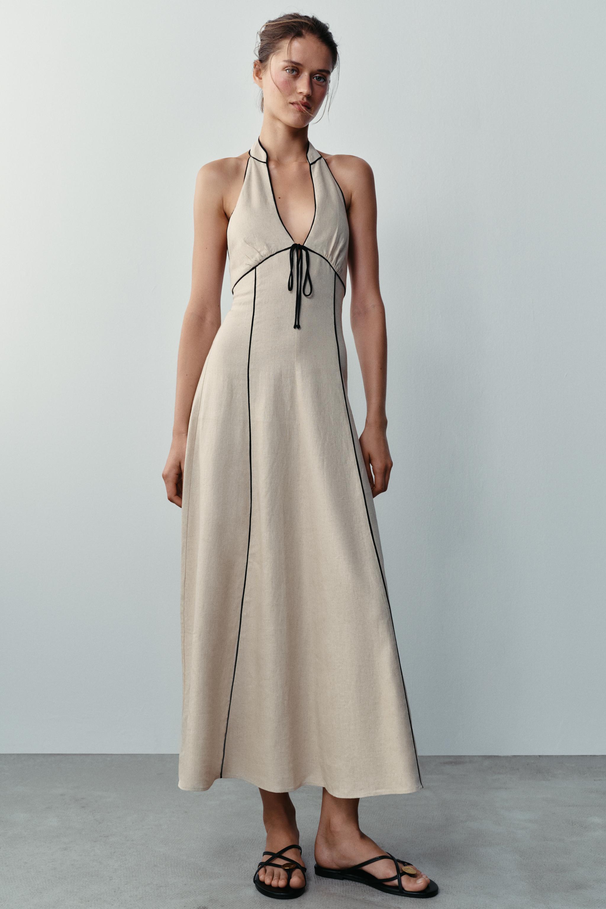 Платье из смесового льна с контрастной отделкой — ZARA