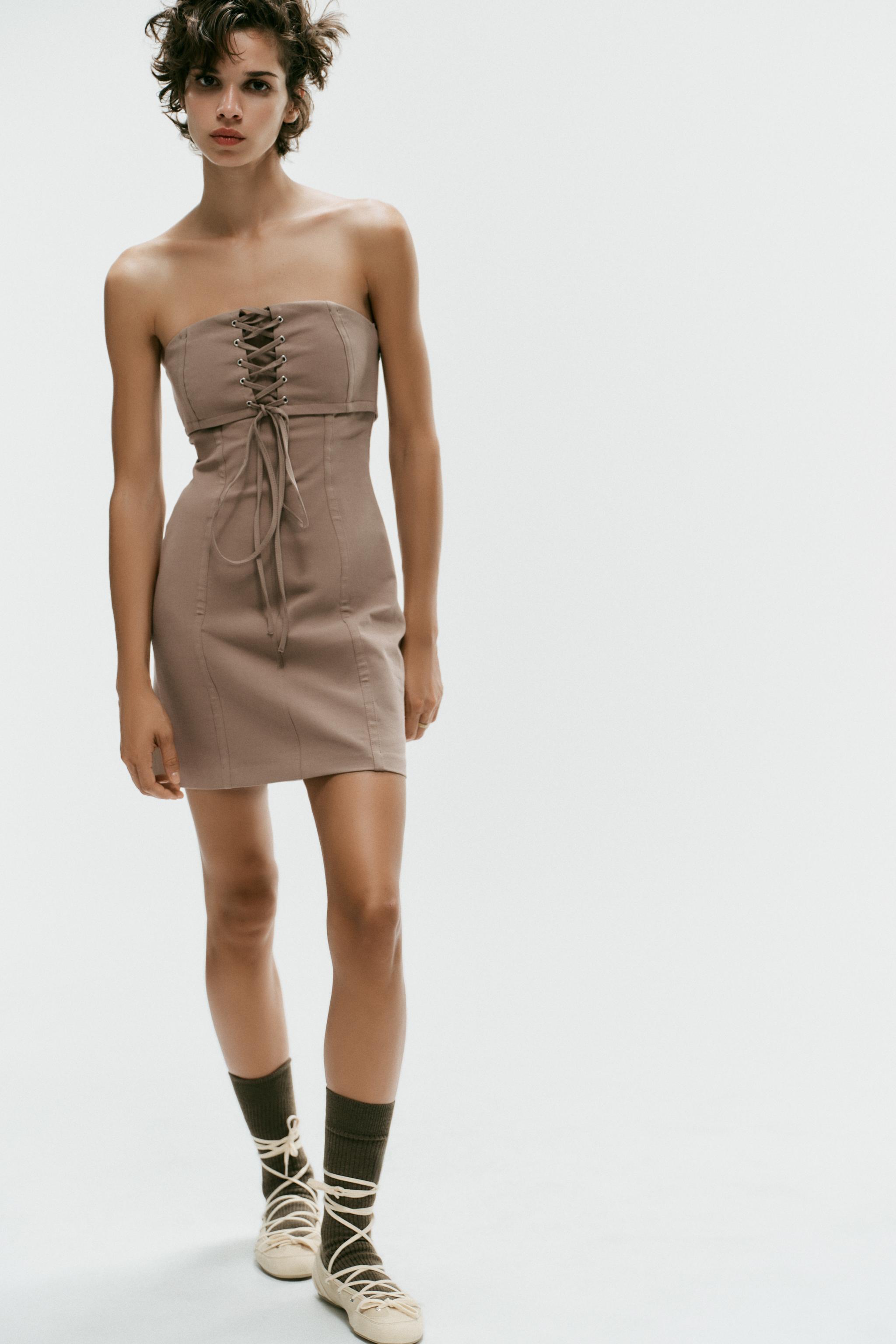 МИНИ-ПЛАТЬЕ БЕЗ БРЕТЕЛЕЙ С ЗАВЯЗКАМИ — ZARA