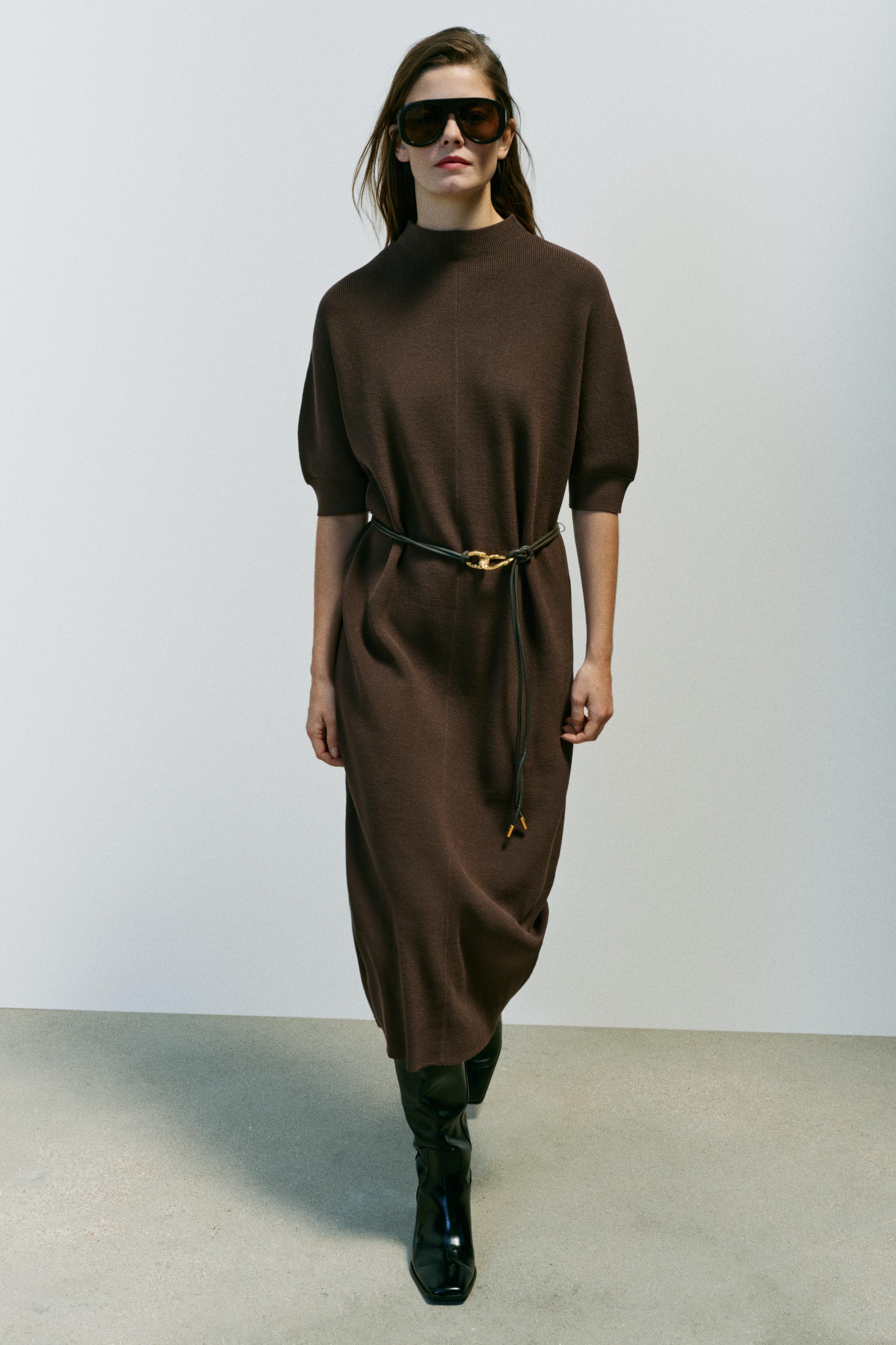 ДЛИННОЕ ТРИКОТАЖНОЕ ПЛАТЬЕ С ПОЯСОМ — ZARA
