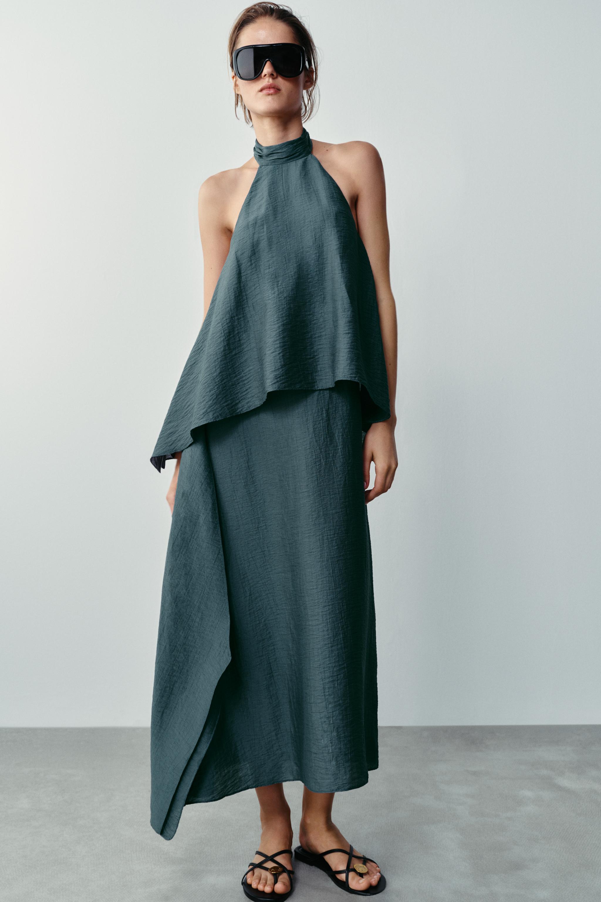 Платье миди из смесового льна с воротником-халтер — ZARA