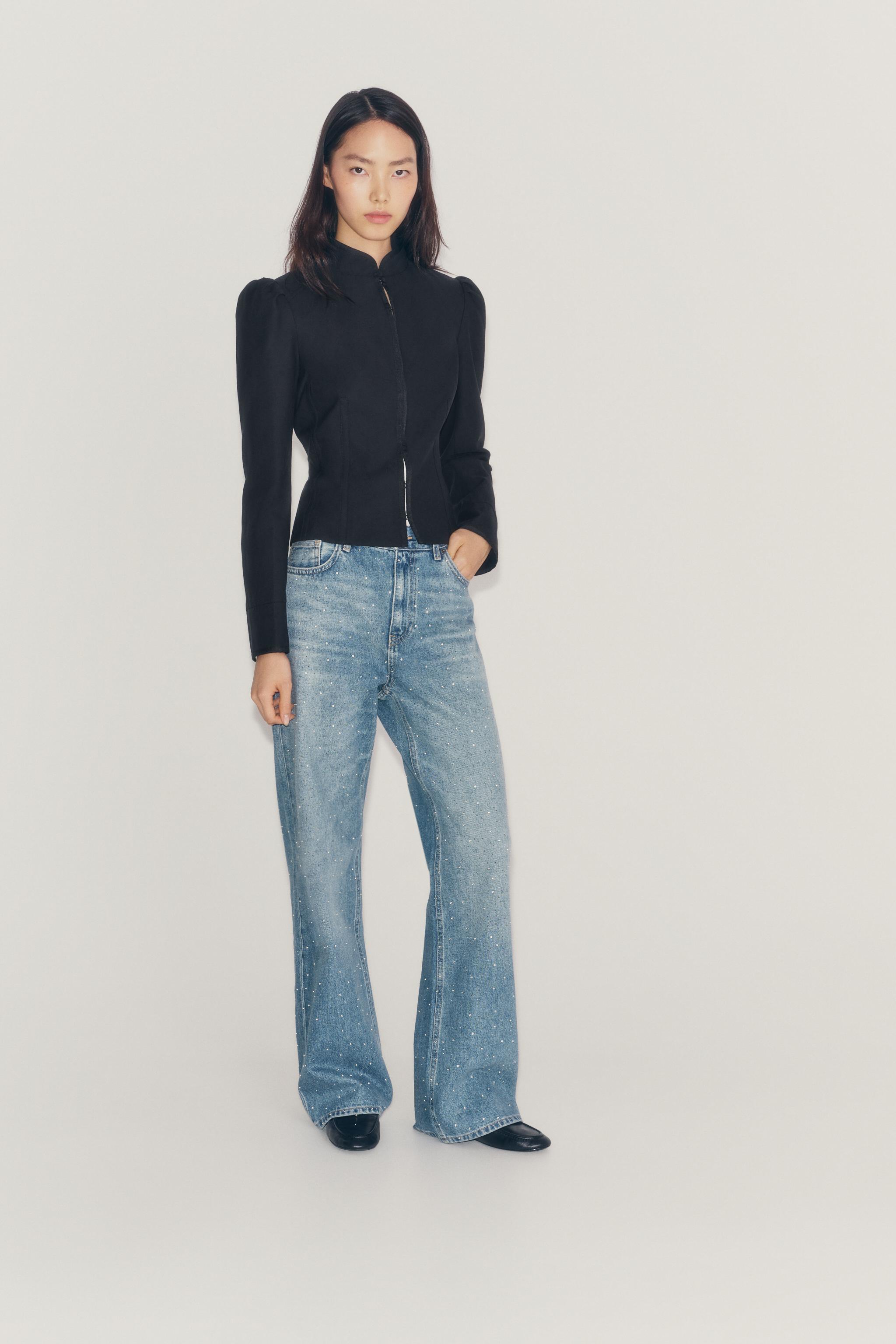 Джинсы ZW COLLECTION со стразами со средней посадкой с широкими штанинами — ZARA