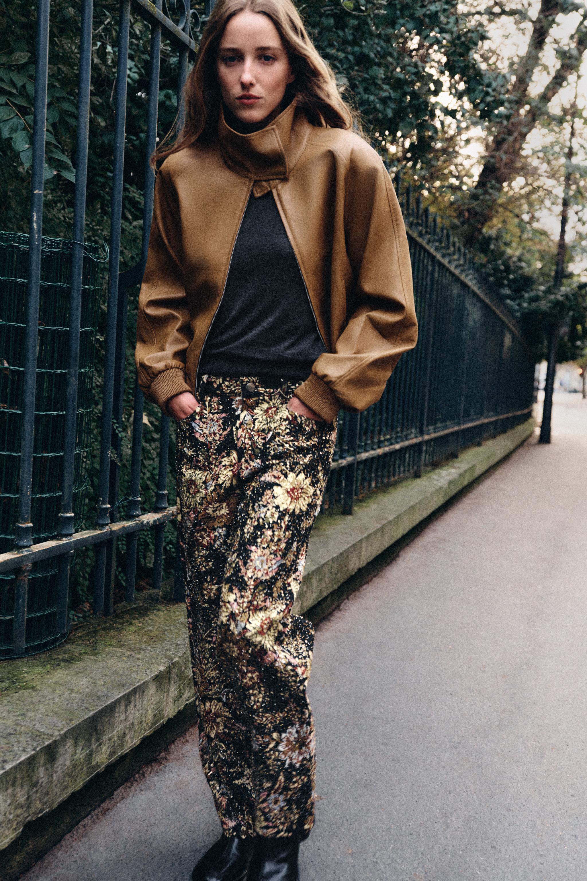 Брюки ZW COLLECTION с цветочным принтом из бисера — ZARA