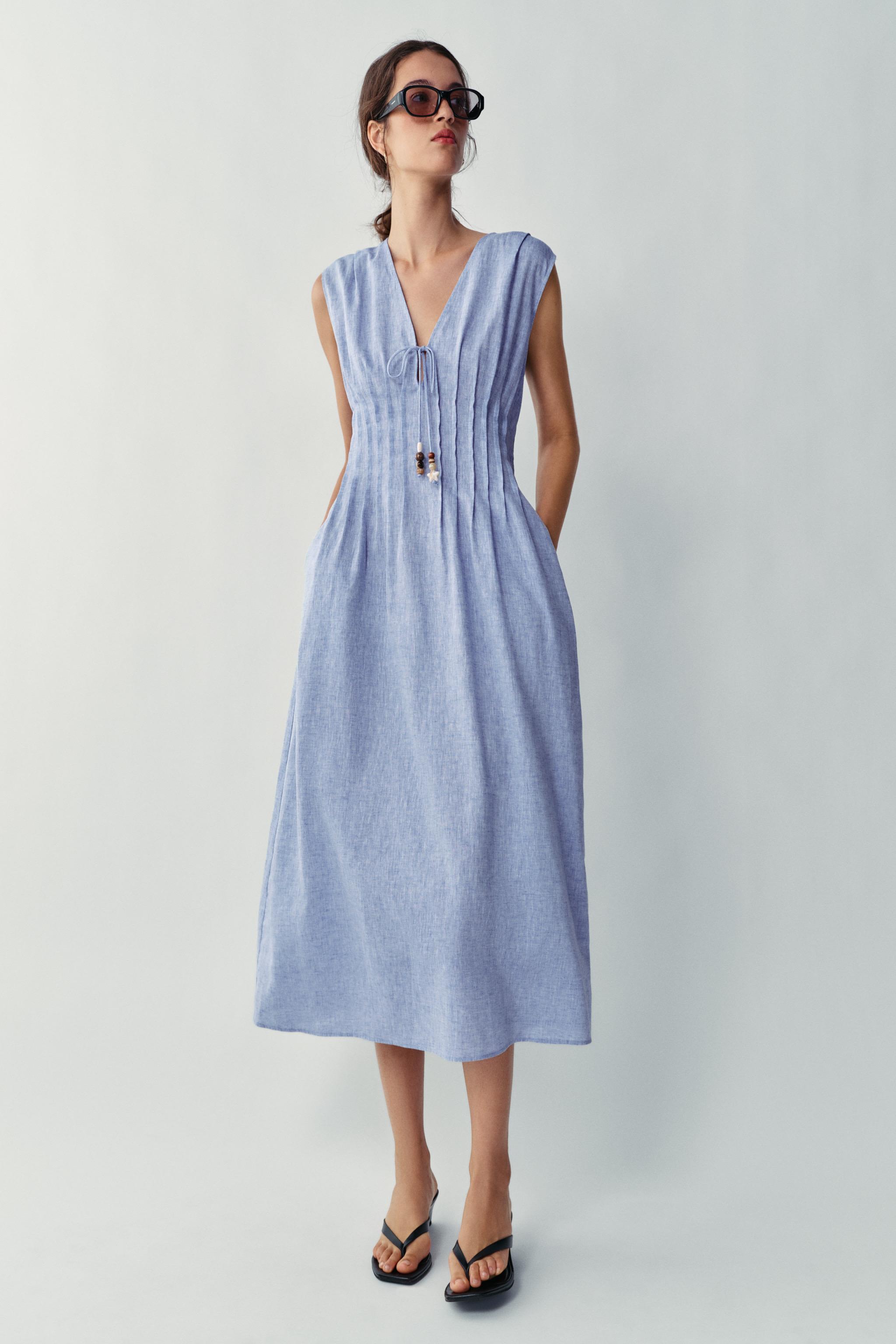 Миди-платье из смесового льна с защипами — ZARA