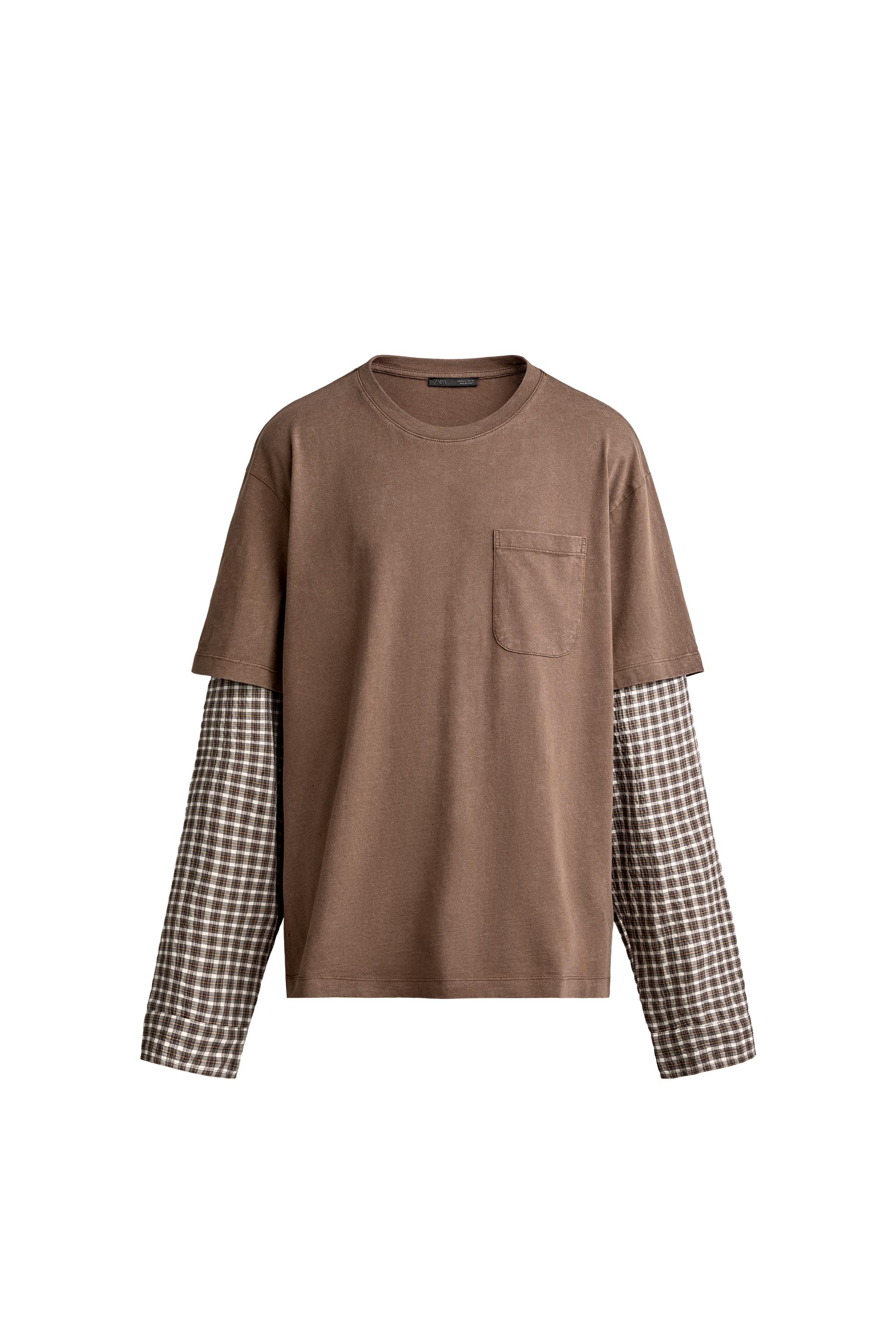 ФУТБОЛКА С РУКАВАМИ С ЭФФЕКТОМ МНОГОСЛОЙНОСТИ В КЛЕТКУ — ZARA