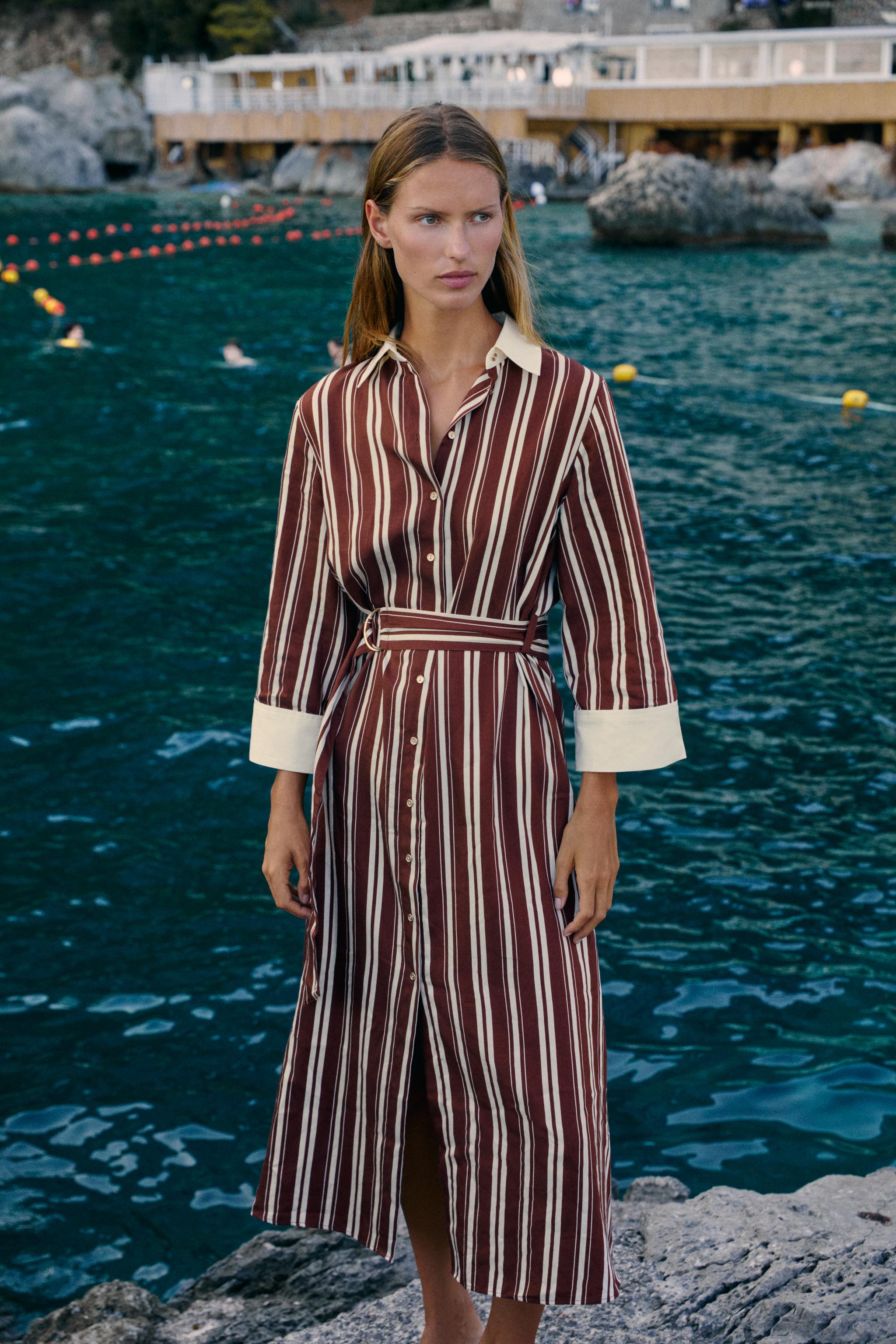 Платье-рубашка миди в полоску с ремнём — ZARA
