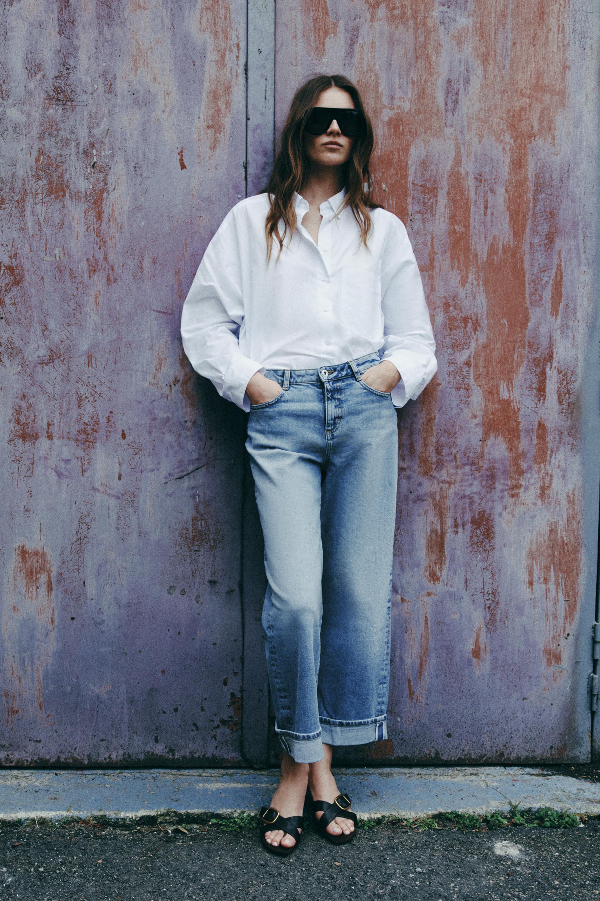 Джинсы Z1975 свободного кроя с высокой посадкой и отворотами — ZARA