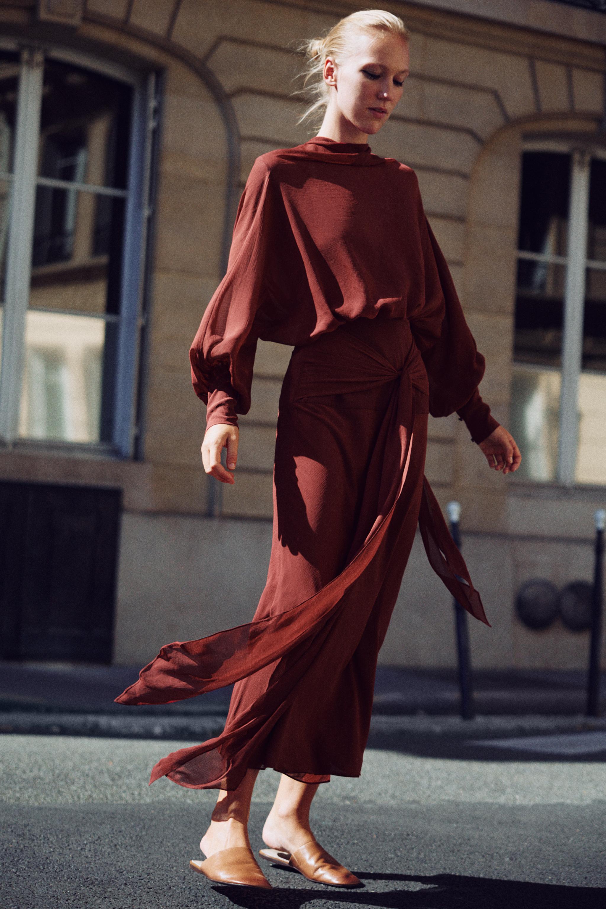 Длинное платье из жоржета с поясом — ZARA
