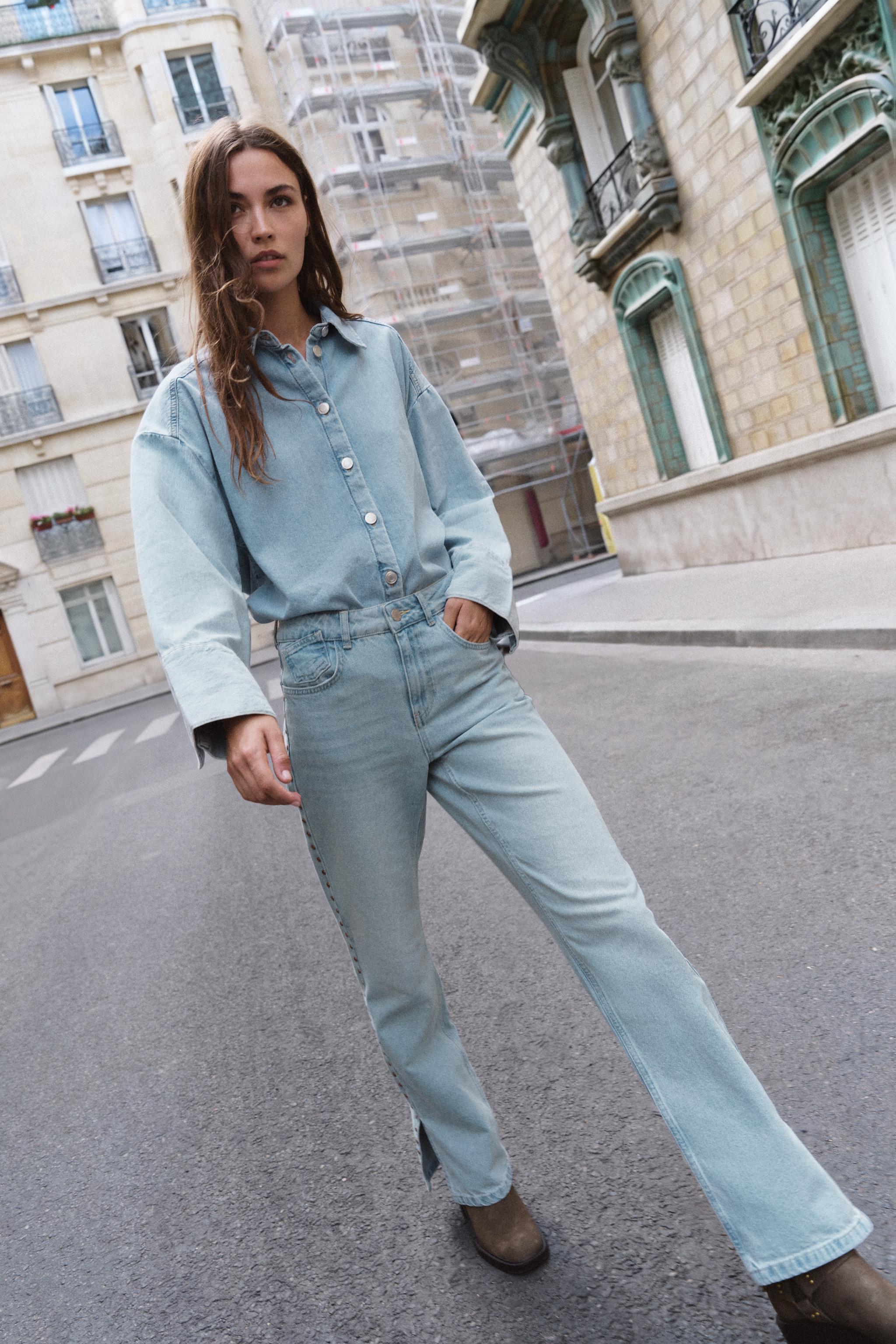 Джинсы Z1975 со средней посадкой, прямыми штанинами и заклёпками — ZARA