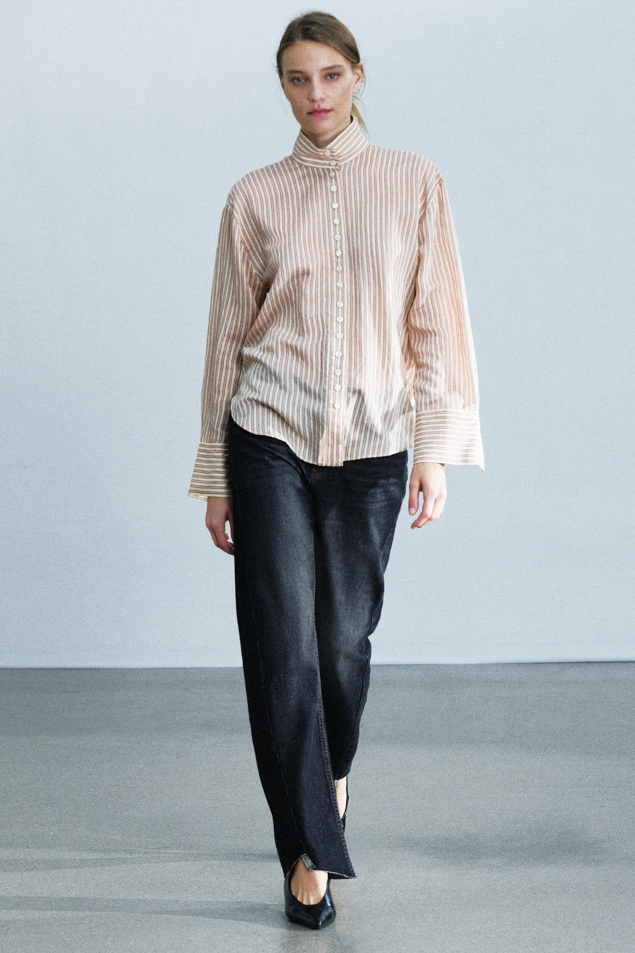 Рубашка ZW COLLECTION в полоску с высоким воротником — ZARA