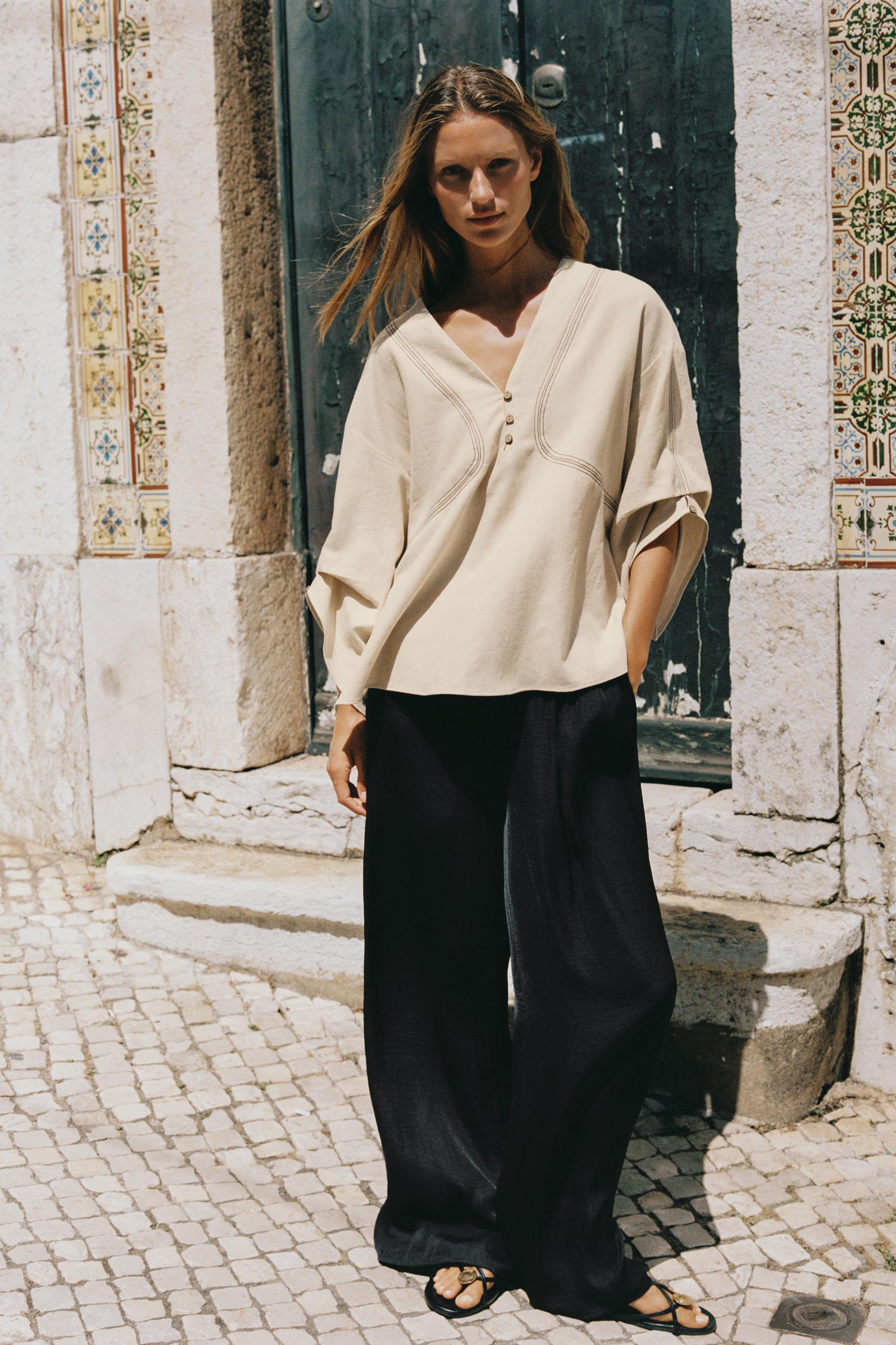 ЛЬНЯНАЯ РУБАШКА ОВЕРСАЙЗ С КОНТРАСТНОЙ ОТСТРОЧКОЙ — ZARA