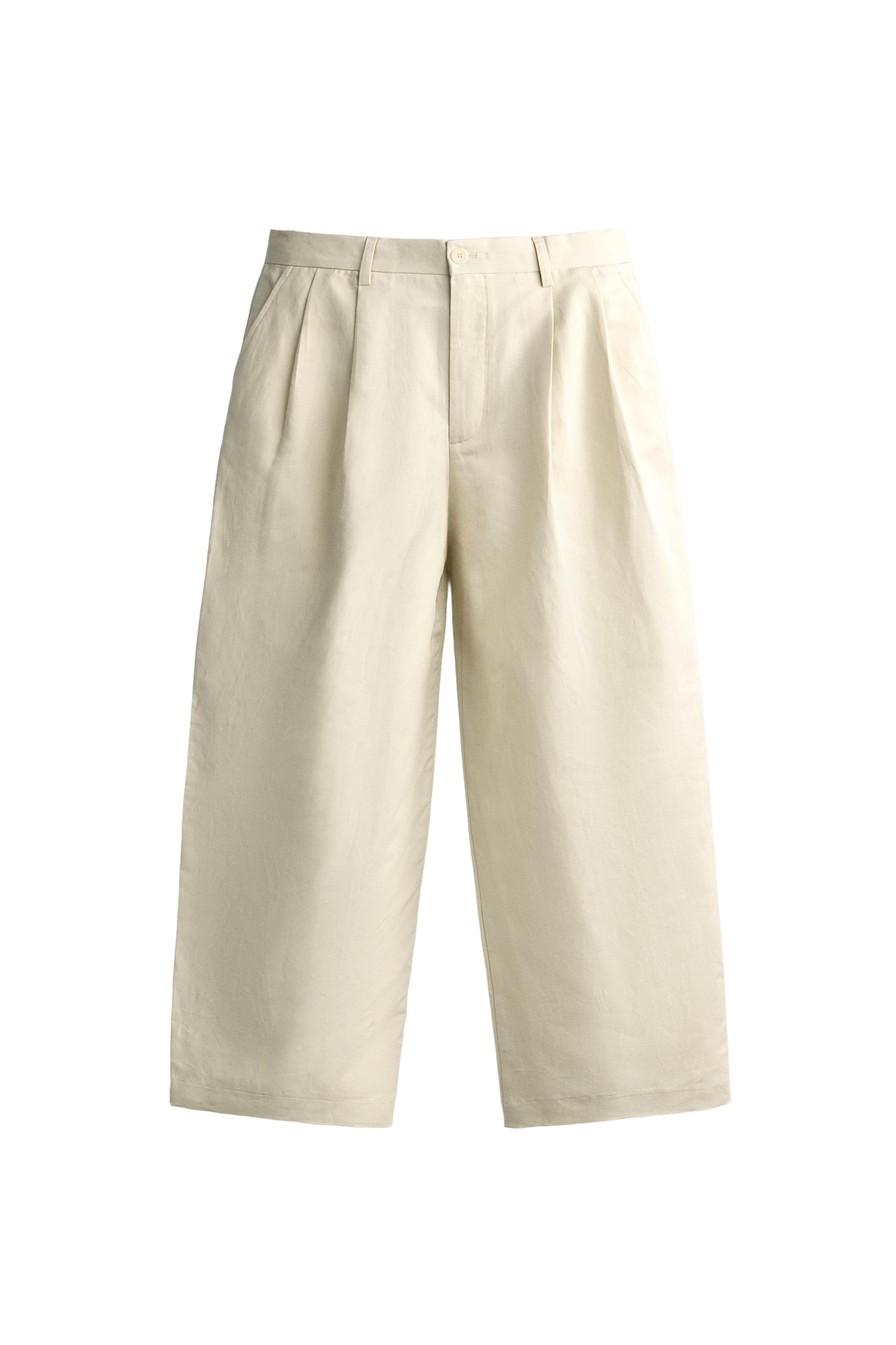 Брюки-чино из хлопка и льна с складками — ZARA