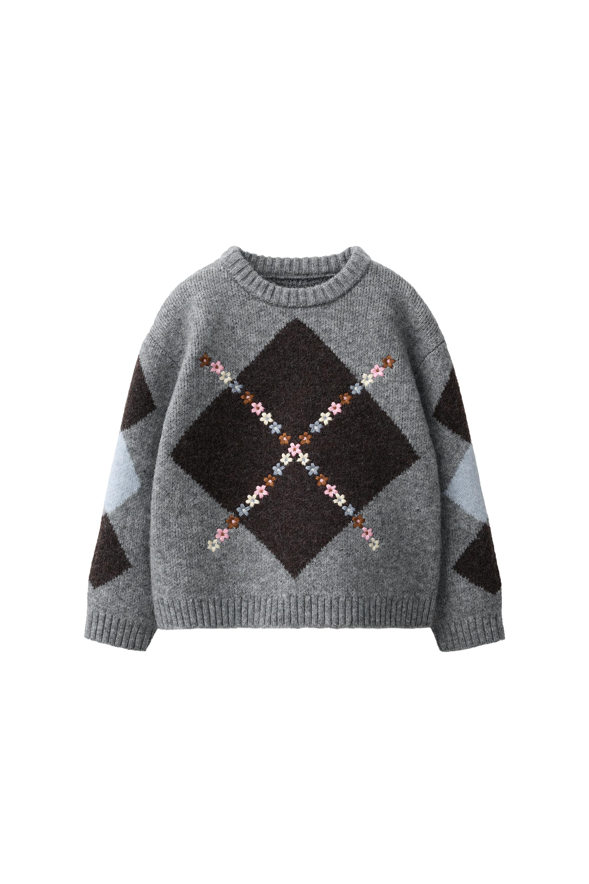 ARGYLE KNIT JUMPER WITH EMBROIDERED FLOWERS — ZARA