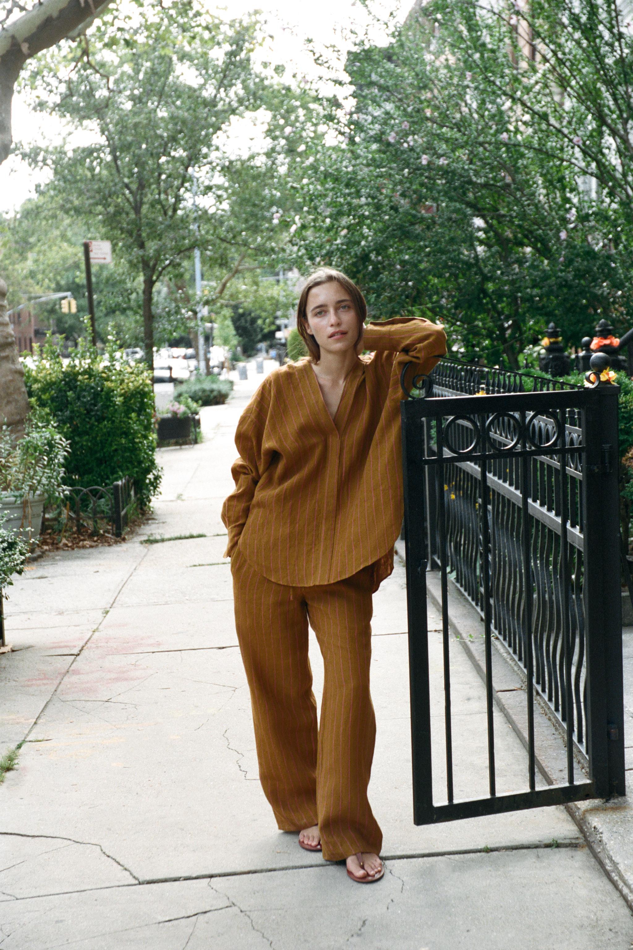 Брюки в полоску из 100% льна — ZARA