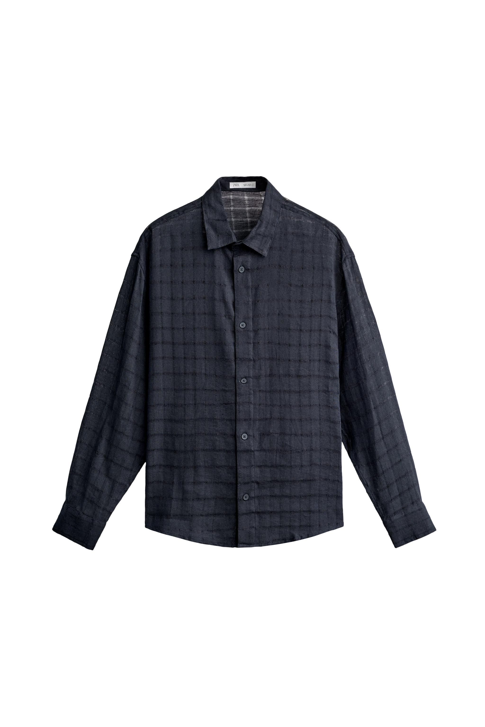 Рубашка свободного кроя из смесового льна с хлопком в клетку жаккард — ZARA