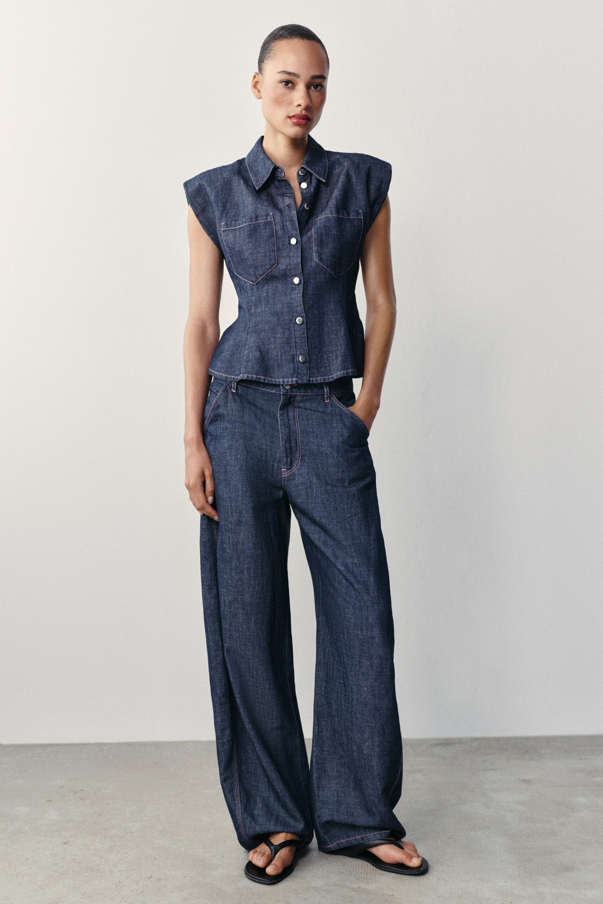 РУБАШКА С БАСКОЙ, ПОДПЛЕЧНИКАМИ ИЗ ЛЬНА — ZARA